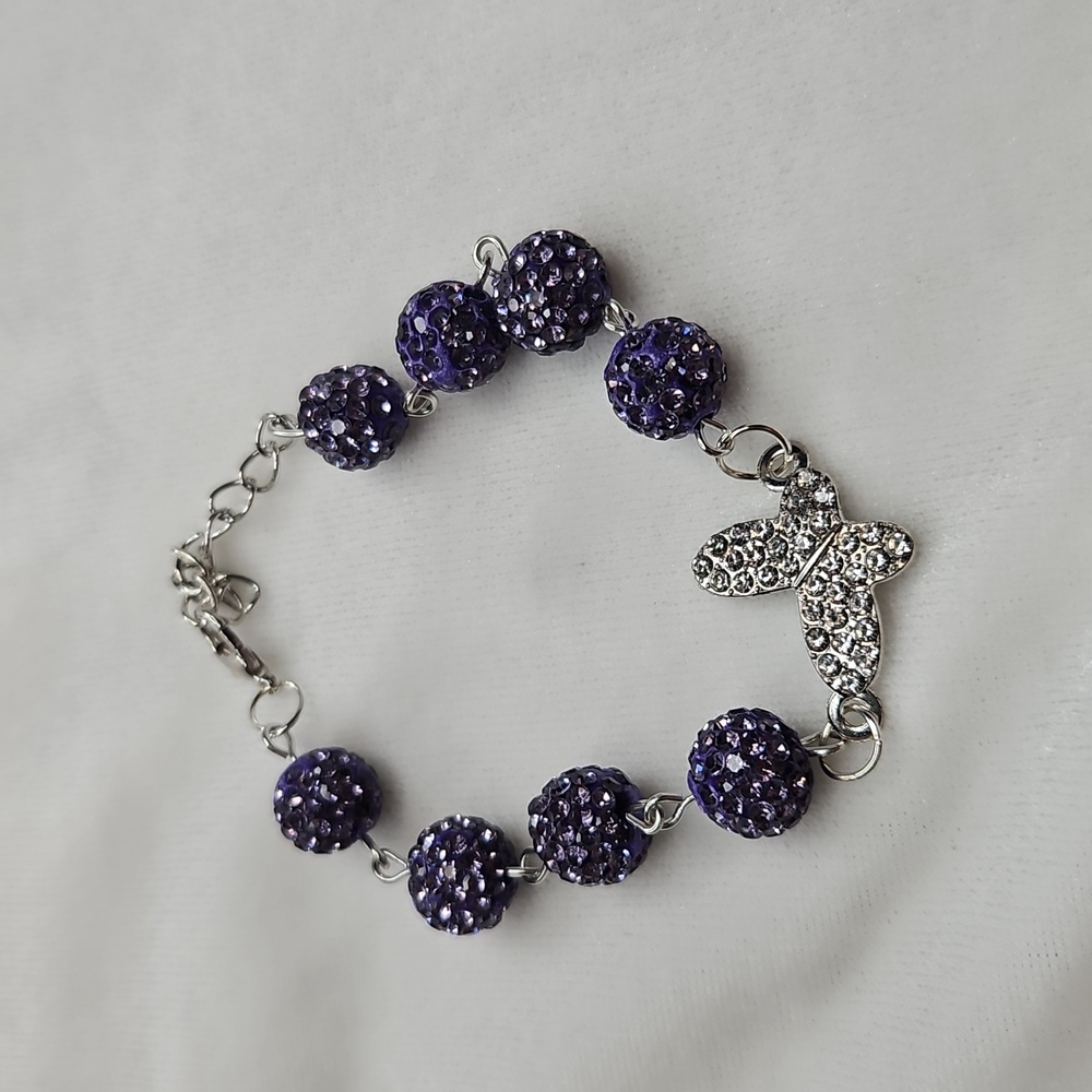 Purple Rhinestone Beaded Bracelet Rhinestone Butterfly Silver Tone Fashion NWOT